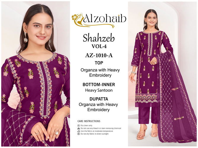 Shahzeb Vol 4 A to D By Alzohaib Organza Embroidery Pakistani Suits Wholesale Online
